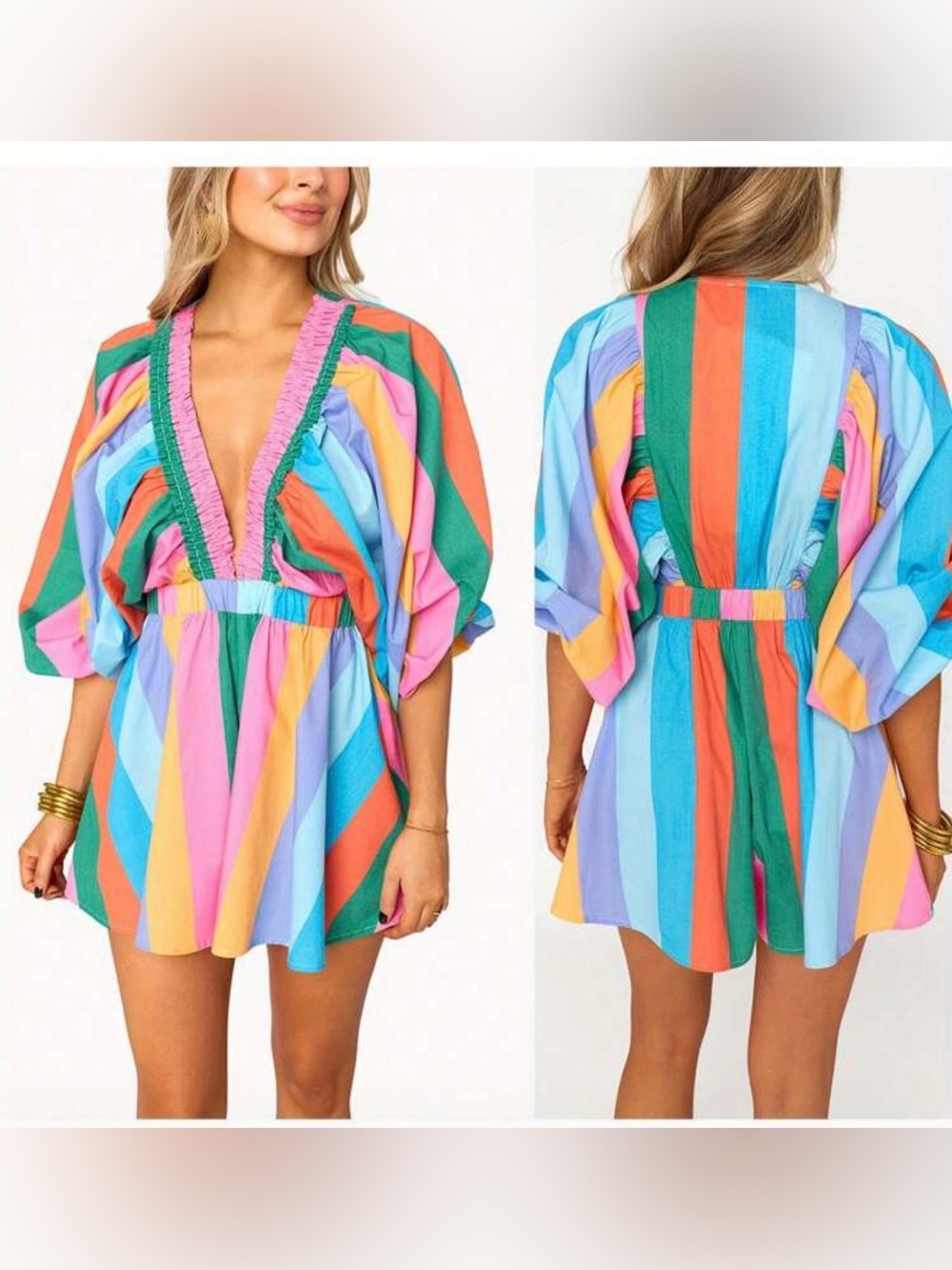 Summer Short Boho Jumpsuit Long Sleeve Deep V Neck Stripe/Floral Print P